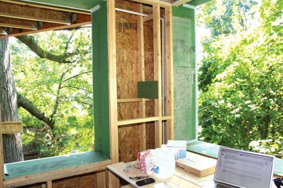 Placetailor's deep wall system is simple: a 16-inch-thick double stud wall framed with 2x4 studs, connected with gussets at mid-stud height.