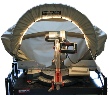 LED-light-wrapped miter-saw shroud, for use on 10-inch units