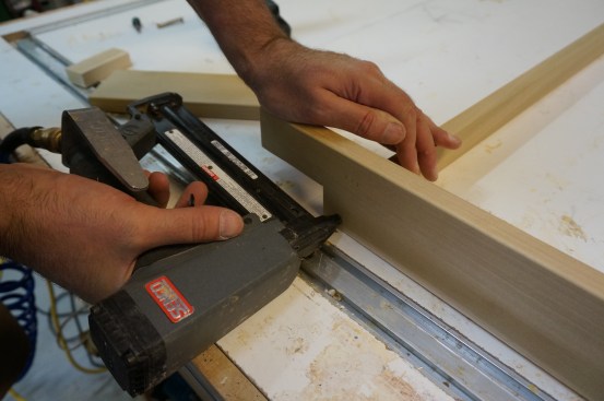 Attach the extension jamb assembly to the stool first with glue and tacks and then with a single screw.