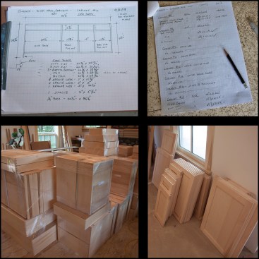Planning is crucial for this process to work, so the author creates detailed shop drawings for each cabinet run (top left), as well as detailed checklists for drawer and door counts (top right). Though there are many manufacturers that supply both drawers and doors, the author prefers to use drawer boxes from Scherr’s Cabinet & Doors (bottom left) and doors from Maple Craft USA (bottom right).