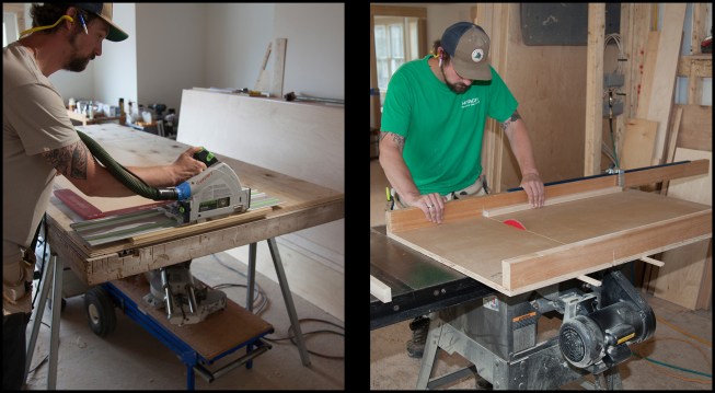 Cabinet-builder Dean Moran crosscuts stock using either a track saw or a table saw with a sled. On wider stock, like the 27-inch-wide cabinet end panels, he cuts with a Festool track saw used (along with a Woodpecker framing square) to ensure the wide stock is cut square (above left). Of note: The cabinet-grade maple-veneer plywood he's using comes oversized (48-5/8 inches wide by 96-1/2 inches long) with rough factory edges that need to be trimmed. For narrower stock, like shelving or wall cabinet panels, he uses a crosscut sled with an adjustable stop on it (above right). Here, he’s cutting components for the face frame—the sled guarantees an absolutely square, 90-degree cut.