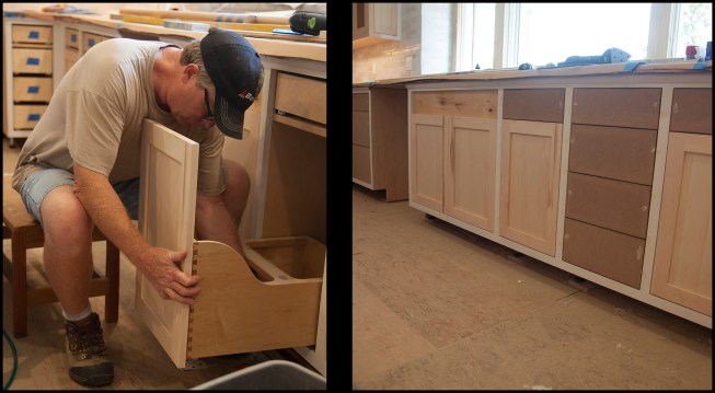 Several cabinets on this job were designed around prefabricated Rev-A-Shelf storage inserts, including a trash pullout, a blind corner pullout, and a food-storage-container organizer in the base-cabinet lineup. Here, Karl Gerry, of Artisan Builders, installs a trash bin pull-out (above left). The drawer faces were made from 3/4-inch-thick MDF (medium-density fiberboard). MDF is a solid, stable material (it doesn’t expand or contract) and it doesn’t need to be edge banded (above right).