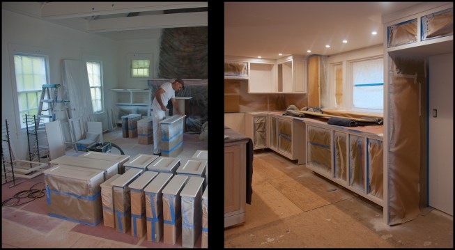 Painter Brendan McCray sprays the cabinets with two coats of Cabinet Coat enamel (www.insl-x.com). The doors and drawers are painted in a designated “spray room,” while the cabinet frames are sprayed in place.