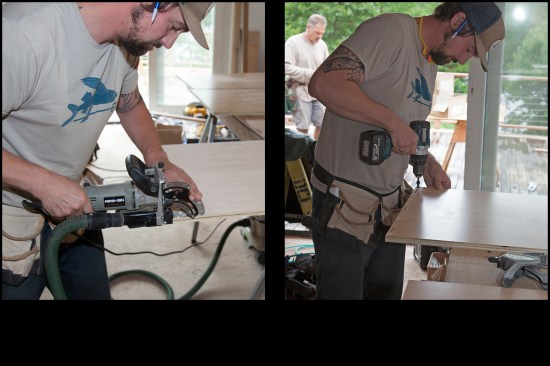 To help assemble the cabinet’s basic box, dry-installed biscuits (without glue) are used to keep the panel aligned at the butt joint. Here, cabinet builder, Dean Moran uses a biscuit joiner on the leading edge of a bottom panel (photo, left). Typically, three biscuits are installed across the panel end, then later, the butt joint is tied together with GRK screws. Dean pre-drills the holes for the GRKs with a countersinking drill bit (photo, right).