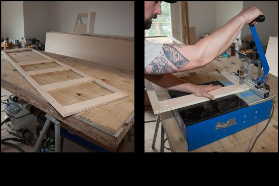 Web frames for cabinet tops are made out of unfinished 3/4-inch plywood with 3-inch-wide stretchers and 1 1/2-inch runners (photo, left). Web frames use less material, reduce weight, and don’t require a cutout for sinks or other countertop drop-ins.  Pocket-screw holes for web and face frames are made with an older-model Kreg Foreman (photo, right).