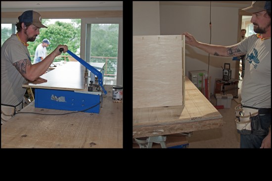 Pocket-screw holes are made on the hidden end panels as well (photo, left). During assembly, the end panel’s dry-fit biscuits are lined up with the slots in the web frame; the biscuits hold the joint together while the screws are driven in, later on (photo, right).