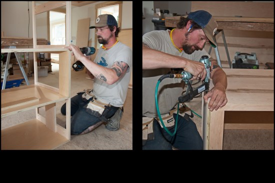 Intermediate partitions separating cabinet sections typically install between the top web and bottom panel, secured with screws. Temporary spacers cut from scrap wood establish accurate spacing during fastening. Moran turns the cabinet on end for a gravity assist, resting the partition on the spacers and installing screws through top and bottom (photo, left). The ¼-inch back panels are attached to the frame with pneumatic staples, 3 to 4 inches on-center (photo, right).