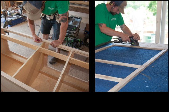 With the cabinet frame largely assembled (Dean installed drawer webs to provide a built-in stop in drawer-over-door configurations, as well as direct support for undermount drawer hardware) the face frame is pieced together. Here, Dean works on installing a style piece at an intermediate panel location (photo, left) — he’s got the basic outline of the face frame completed (two styles at the ends and two long rails, top and bottom). The finish assembly is face sanded (photo, right).