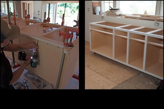 The face frame is fastened from the back (photo, left), then the unit is moved into place (photo, right).