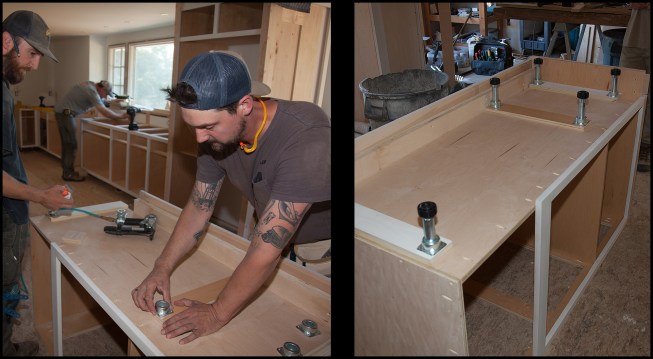 Instead of building a standard recessed base, PMI metal adjustable cabinet levelers were used. The levelers not only eliminate having to scribe the box to an out-of-level floor, but also allow for effortless fine-tuning of all base cabinets to a common laser line. The leveler cups are first screwed to the underside of the bottom panel (photo, left), then the leveler legs are fiction-fit into the cup (photo, right). You can precisely level the cabinet just by reaching underneath it and screwing it up or down.