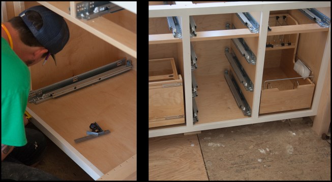 The author typically installs Blum under-mount drawer slides because of their ease of installation, as well as smooth, durable performance. They install them from the top down, working towards the bottom (photo, left), using temporary spacers to support them. The slide hardware is adjustable, too, which help achieve a final dead-level appearance and performance (photo, right).