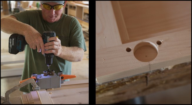 Concealed cup hinges are essential for these inset-style cabinets. Here, Tim Towle uses an Ecodrill hinge jig (photo, left) to make the needed three holes for the cup hinges (photo, right).