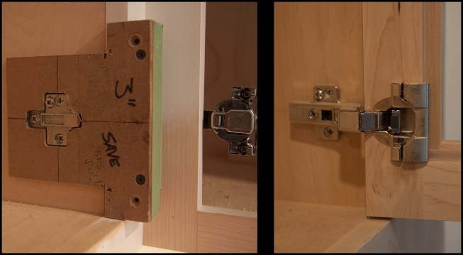 A site-made jig holds a hinge mounting plate in place for fastening (photo, left). Note: blind corner hinges (shown to far right of the jig in background) were needed at inside corner locations. Photo right shows hinge installed.