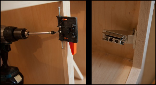 Where the face frame is offset from the cabinet interior, a frame-hung mounting plate substitutes for the more-common T-shaped plate (photo, right). A Blum jig clamped to the face frame, guides the drill at specific angle from inside the cabinet for the face-hung mounting plate (photo, left).