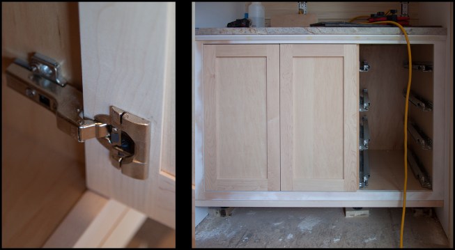 Half-crank hinges (photo, left) were used where this door edge shared a partition with a drawer base (photo, right).