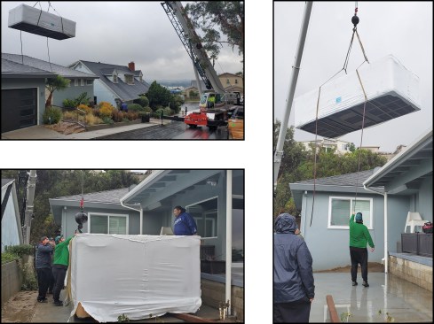 Figure 2. In the hilly Los Angeles neighborhoods where the author works, the lots are tight and preassembled units are often craned into place (top left). The rigging crew guides the unit onto the slab (right; bottom left).
