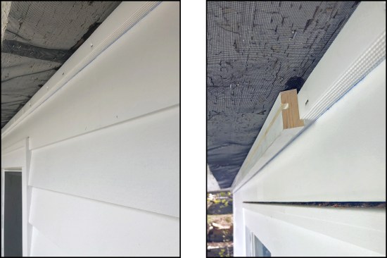 Figure 3. The author started with a line of 1-inch vent holes drilled through the existing soffit, over which he installed bug screen and Cor-A-Vent (left). He then milled a “frieze mold” from 5/4 stock with a rabbet to lap over the Cor-A-Vent and a groove to accept the soffit (right).
