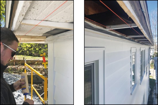 Figure 4. To accommodate the out-of-level eaves, new soffit was supported with tapered blocks in some areas (left), but in others, the old soffit was torn out and a new soffit plane was created with sistered framing (right).