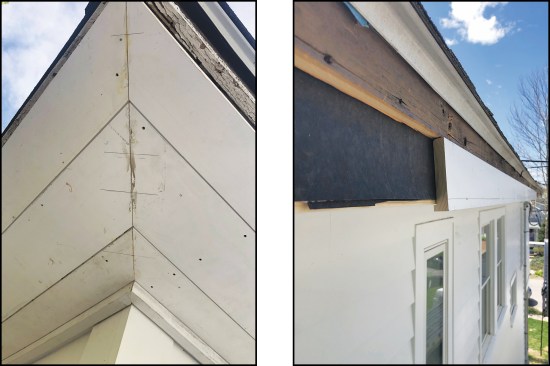 Figure 5. Three soffit boards allowed for some adjustment in width, but the boards had to align at corners (left). Part of the old fascia was left in place, ripped level (right)…