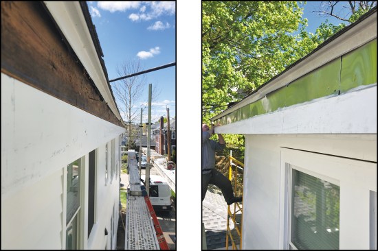 Figure 6. … and joined to new fascia (left). The joint between old and new was flashed with coil stock (right), which was later covered by the gutter.