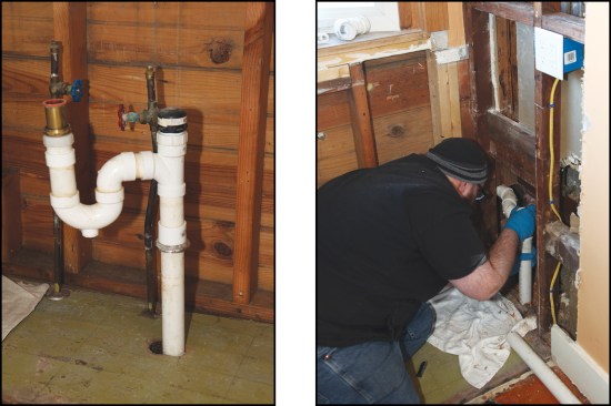 The existing sink was unvented, with an S-trap drain (above left). The plumber installed a new P-trap drain (above right)…