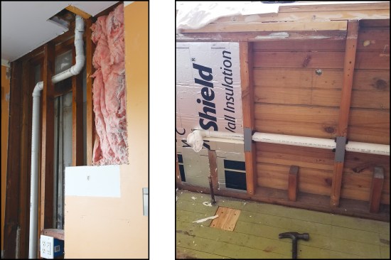 …which he vented through a shared bathroom wall (left), before the open walls were insulated (right).
