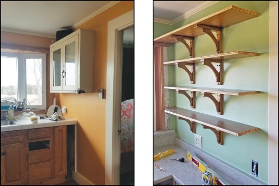 The vintage, glass-front metal cabinet in the original kitchen (left) was relocated and replaced with shop-built oak shelves (shown here without the edging or wall cleats installed) in the remodel (right).