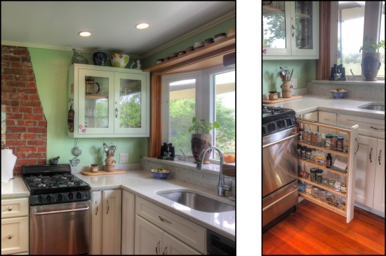Smaller appliances free up valuable cabinet and countertop space, while the relocated glass-front cabinet fits snugly in the corner adjacent to the window (above left). Reducing appliance widths and the size of the Lazy Susan corner cabinet (from a 36-inch unit to a 32-inch one) afforded space for a drawer base to the left of the new stove as well as a narrow pullout spice rack on the right (above right).