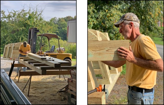 Cross-country jumps are typically built on 6-by pressure-treated skids, which serve as the jump’s foundation (left). These “portable” jumps are moved around using tractors (lifted up by the skids with forklift attachments). Here, the author assembles a jump’s beefy ribs made from 2-by and 4-by pressure-treated stock (right).