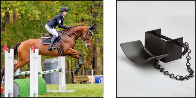 Show jumps or stadium jumps have painted rails (left) set in metal jump cups, which allow the rails to break away easily if clipped by a horse (right). The metal jump cups allow for height adjustability on wing stands on either side of the rails.