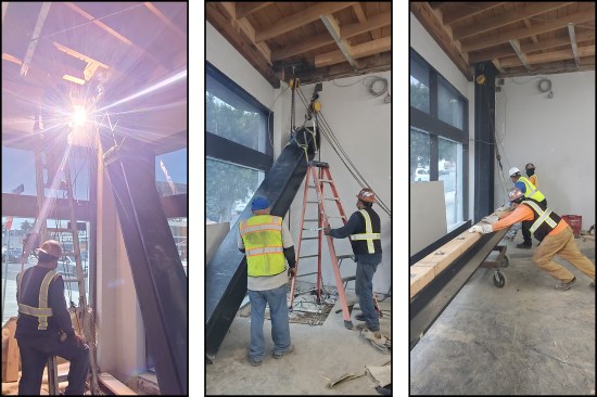 Ironworkers assemble a moment frame needed at the storefront entry.