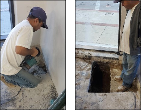 Moment frame. A crew member begins work accessing the existing north footing (left). Access pits were dug alongside the footings in order to remove soil from under the footings (right).