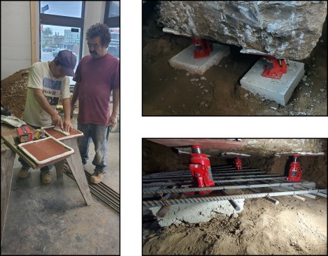 Moment frame. “Sacrificial” bottle jacks are used to support the existing footing during footing underpinning. To compensate for uneven soil, the jacks were set on reinforced concrete pads made with rapid-set high-strength concrete (top right). To compensate for the uneven bottom of the existing footing, a self-hardening modeling-clay “dam” was installed around the perimeter of a 12x12 steel plate (left), then a small pond of rapid-set high-strength grout was poured in the center. #6 rebar was fished between the bottle jacks and threaded anchor bolts and set on stand-offs to make a grid (bottom right).