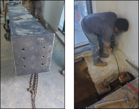 Moment frame. The columns arrived on site with 3/4‑inch steel plates welded to the base (left). Holes at anchor bolt locations were drilled into the existing footing; anchor bolts were long enough to be embedded in the new concrete below the existing footing (right).