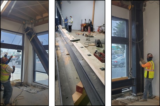 Moment frame. The W14x159 column at the south end is hoisted into place (left). A 4-by nailer is bolted to the top flange of the W12x136 beam; the nailer is needed to bond the roof diaphragm to the moment frame (middle). With the W14x159 column at the north end installed, the W12x136 beam begins its ascent (right).