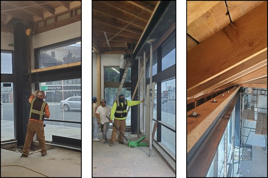 Moment frame. The W12x136 beam is hoisted into place with chain hoists hung from steel brackets (left). Temporary shoring columns are continuously tightened as the beam is raised into place (middle). With the beam set and welded, the 4-by nailer bolted to the beam is ready for 2-by blocking and metal clips (right).
