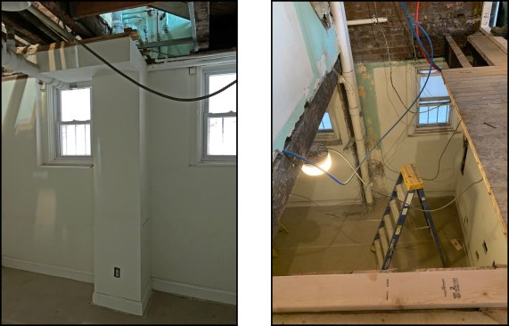 At the outset of the job, the crew began demolition around a plumbing chase, where waste, water, and heat piping would have to be rerouted around the new stair opening (left). As the subfloor was removed, the crew discovered a box-out in the floor from the original straight run of stairs. To make a legal stair, however, they would have to widen and lengthen the floor opening, as well as turn the corner to create an L-shaped opening for a winder (right).