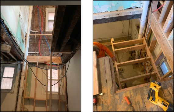 With the new stair opening defined, the exterior wall was furred out to accommodate the water and heating service lines. This required burying an existing basement window that faced a narrow alley (left). The first step in building the rough carriage was to frame the landing, which would become the first winder (right).