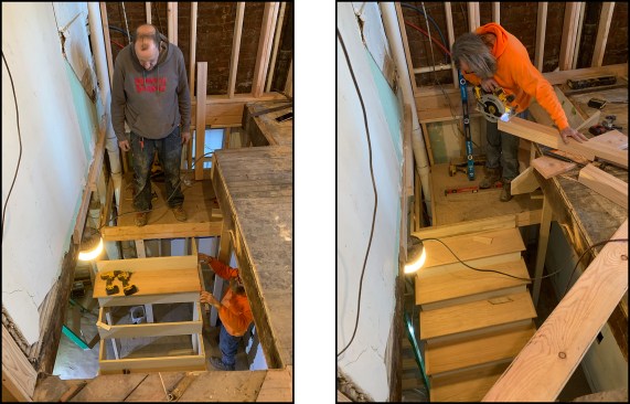 As the lower flight of stairs was installed, the offset was obvious (left). The rail for the left-hand side of the stairs would die into the lower ceiling. To meet headroom requirements, this offset had to be less than 4 3/4 inches (measured from the handrail to the outside corner of the floor opening). To complete the landing, JP notched the first newel (right)—a complex notch that picks up the landing on the bottom, as well as the corner of the floor opening at midheight—which rises to the same height as the top newel.