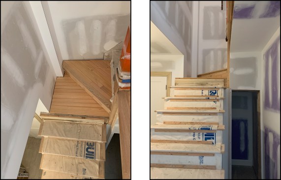Here, you can see from above the two winder treads (left)—the lower one is the landing, with the second winder tread on top of it. By code, the smallest dimension of a winder tread must be 6 inches at the handrail line (with a newel or balusters acting as a guard to keep someone from stepping on a tread area less than this) and 10 inches at the walk line 12 inches away. The closets are drywalled (right); storage was also provided for under the stair flight.