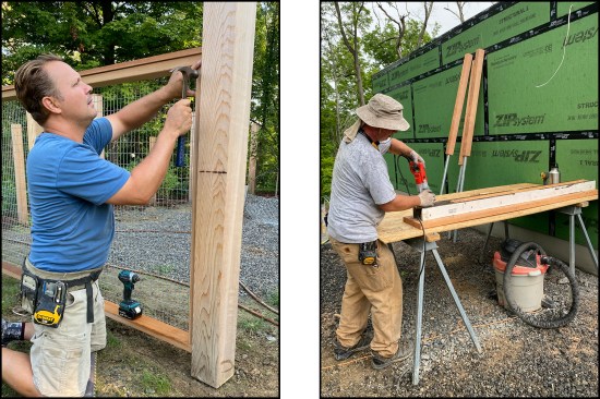 The author installs 1-by cedar face frame to secure the galvanized welded wired mesh in the garden area (left). Carpenter Ed Brady creates “pinned posts” using a site-built jig (right).