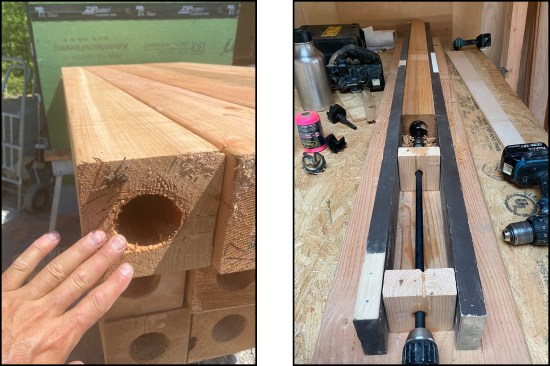 Large holes were bored through the end grain of the posts for piping that would pin them to concrete footings (left). A three-sided jig with a 2-by set block and a sliding 2-by block acted like a giant drill press (right).