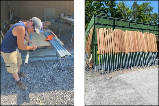 Before sliding the 2-inch hot-dipped galvanized piping into the cedar posts, workers brushed Gorilla glue onto the pipe ends (left). With the post assemblies standing up against a wall, gravity did the work of settling the wood onto the steel (right).