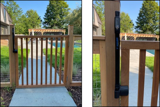 To meet code, the pool’s access gate is equipped with self-closing hinges that swing away from the pool (left) and a locking Magna-Latch mounted 54 inches above ground level (right).