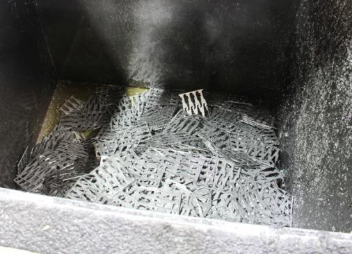 This is the waste from a different punching operation. The dies are designed to maximize yield and yet it’s apparent that about half of the steel ends up as waste. Leatherman recycles all of this stuff. And why not—it’s valuable material.