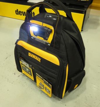This tool bag with light is one of several that were on display—including an open tote and a tablet cover.