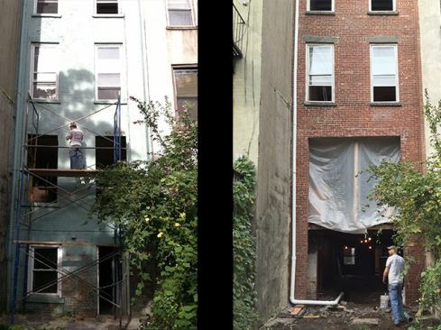 We have replaced many existing window-door configurations with three-panel sliders, usually opening on the first floor in the kitchen area from the back of the house. But because the walkout from the existing basement (or “garden-level,” as it’s commonly called here) is at grade in this house (left), we could entertain the idea of removing two floors of structural brick (right). This would bring light into both the planned basement living room/kid’s playroom and first-floor kitchen/family-room areas.