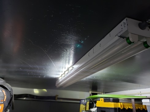 I wired in a bank of 12-volt DC L.E.D. lights so that in a situation where I may need to retrieve something or just work in the trailer without 120-volt power, I have lights available.