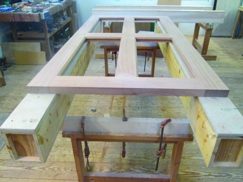 After the glue-up comes scraping and sanding. As most woodworkers know, it’s vital to get every speck of glue off all the exposed faces of the door, otherwise the finish will be absorbed unevenly into the wood and the glue will stand out like a sore thumb.