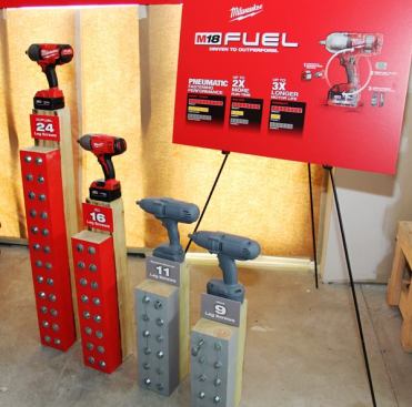This photo shows the number of lags each high-torque impact wrench (1/2-inch friction ring models) could drive per charge in 4-by material. On the left is the M18 FUEL model with a 4.0 Ah battery. Next to it is an older M18 tool with a 3.0 Ah battery. The “Brand X” tools are from DeWalt. Tool number three is a 20V MAX—probably with a 3.0 Ah pack. Tool number four is an XRP model with a NiCad battery.